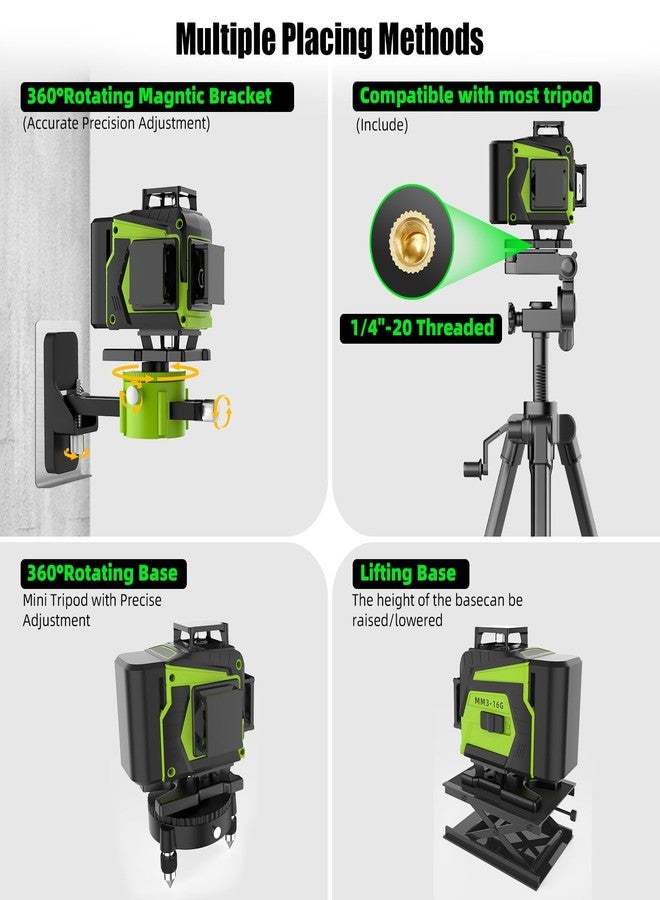 ENRIPRT 16 Line Laser Level 360 Self Leveling,Professional 4x360°4D Green Cross Line laser Level for Construction and Picture Hanging,lazer leveler tool with 2 Batteries,Magnetic Bracket & Remote Controller - Image 4