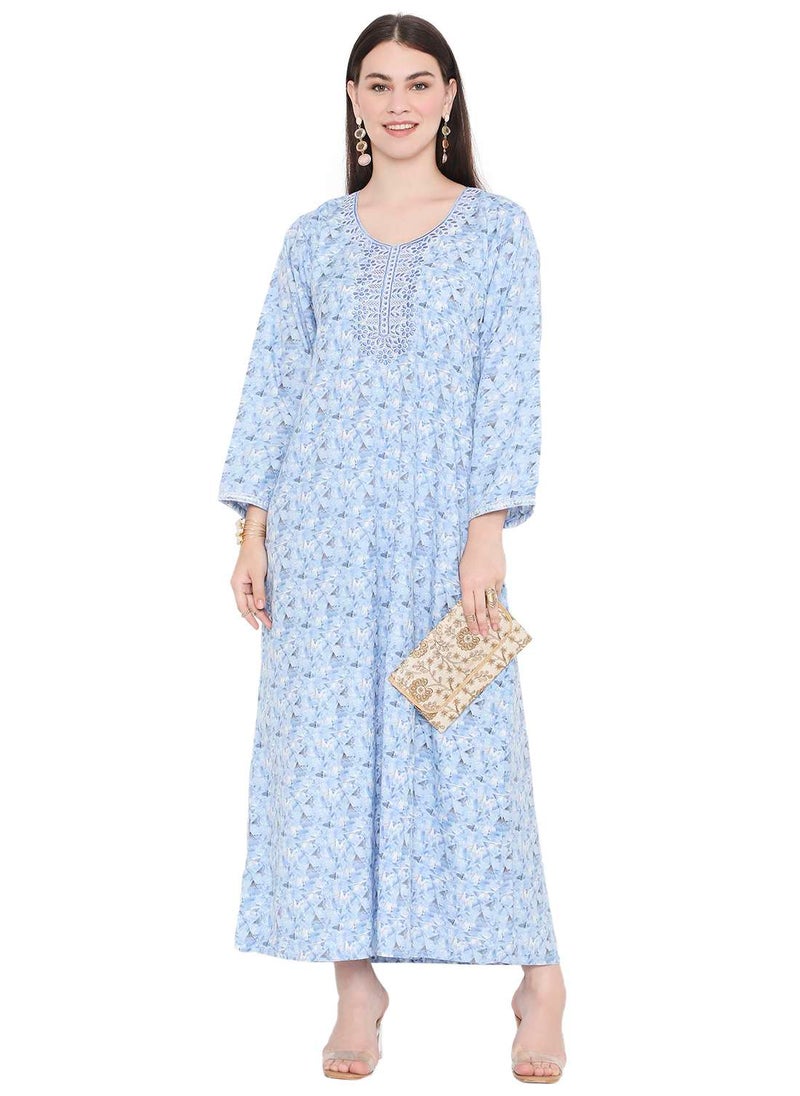 HANA & SARA LONG VISCOSE STYLISH PRINTED WITH UNIQUE EMBROIDERY ARABIC KAFTAN JALABIYA DRESS  - Image 1