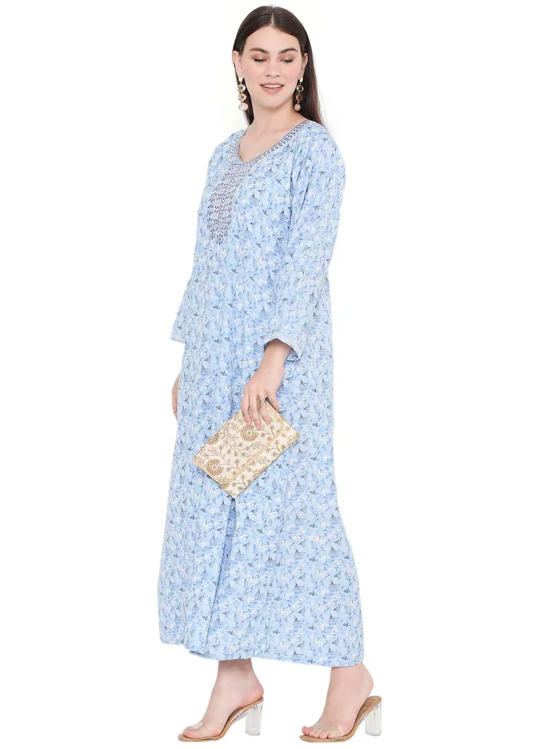 HANA & SARA LONG VISCOSE STYLISH PRINTED WITH UNIQUE EMBROIDERY ARABIC KAFTAN JALABIYA DRESS