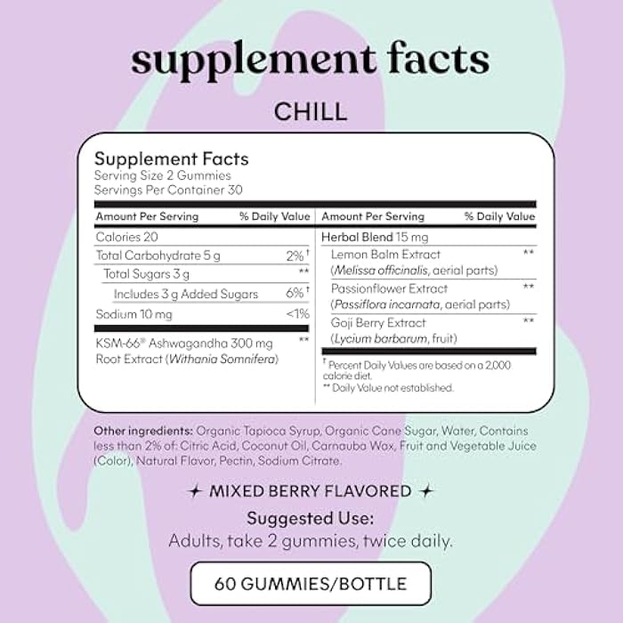 Lemme Chill Stress Relief Gummies with 300mg KSM-66 Ashwagandha, Lemon Balm, Passionflower & Goji to Support Relaxation, Healthy Cortisol & Sleep - Gluten-Free, Non-GMO, Mixed Berry (60 Count) - Image 5