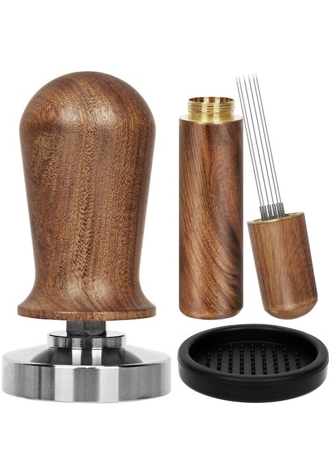51mm Espresso Tamper Set, 30 lb Consistent Pressure Calibrated Coffee Tamper with Spring Loaded, Silicone Mat, Coffee Stirrer Espresso Distribution Tool, Wooden Barista Kit for Espresso Machine, brown