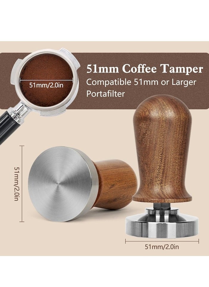 51mm Espresso Tamper Set, 30 lb Consistent Pressure Calibrated Coffee Tamper with Spring Loaded, Silicone Mat, Coffee Stirrer Espresso Distribution Tool, Wooden Barista Kit for Espresso Machine, brown
