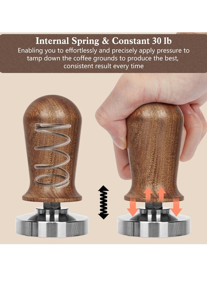 51mm Espresso Tamper Set, 30 lb Consistent Pressure Calibrated Coffee Tamper with Spring Loaded, Silicone Mat, Coffee Stirrer Espresso Distribution Tool, Wooden Barista Kit for Espresso Machine, brown