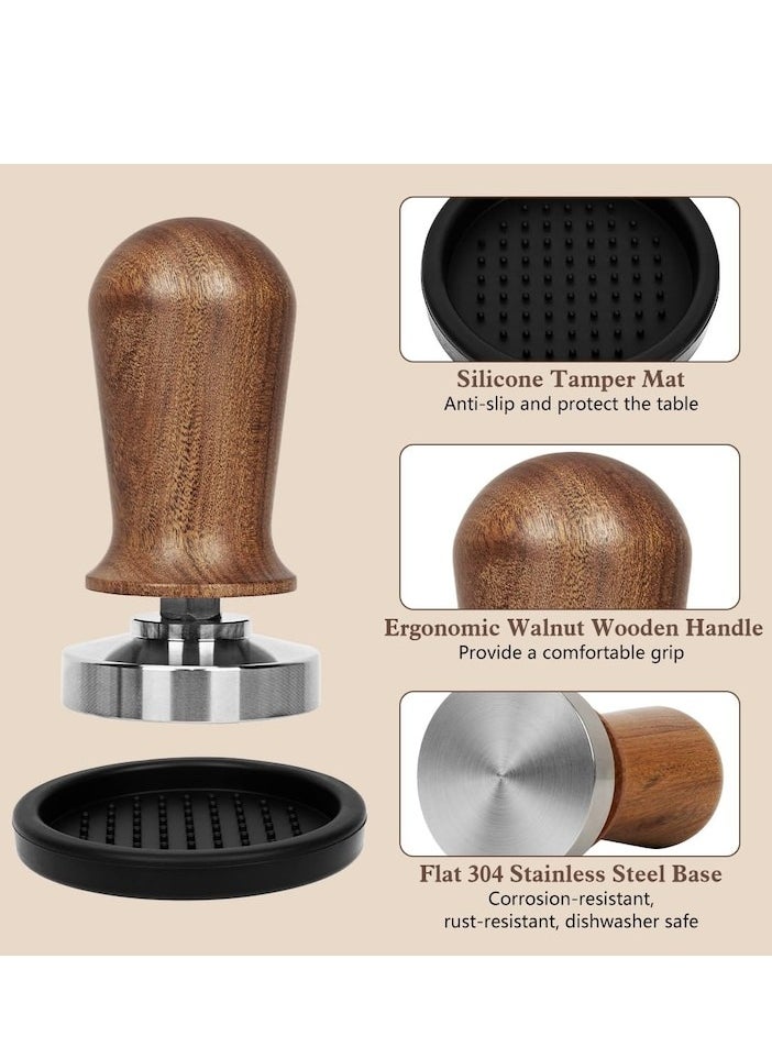 51mm Espresso Tamper Set, 30 lb Consistent Pressure Calibrated Coffee Tamper with Spring Loaded, Silicone Mat, Coffee Stirrer Espresso Distribution Tool, Wooden Barista Kit for Espresso Machine, brown