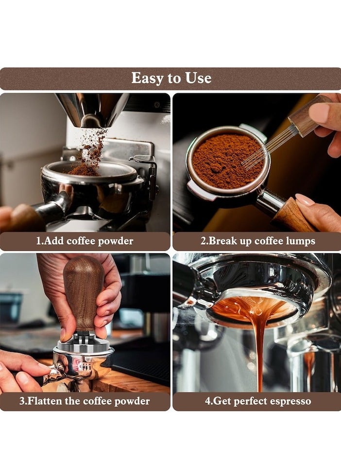 51mm Espresso Tamper Set, 30 lb Consistent Pressure Calibrated Coffee Tamper with Spring Loaded, Silicone Mat, Coffee Stirrer Espresso Distribution Tool, Wooden Barista Kit for Espresso Machine, brown