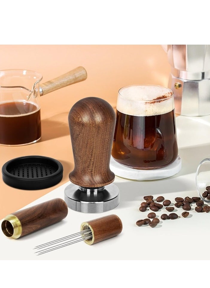 51mm Espresso Tamper Set, 30 lb Consistent Pressure Calibrated Coffee Tamper with Spring Loaded, Silicone Mat, Coffee Stirrer Espresso Distribution Tool, Wooden Barista Kit for Espresso Machine, brown