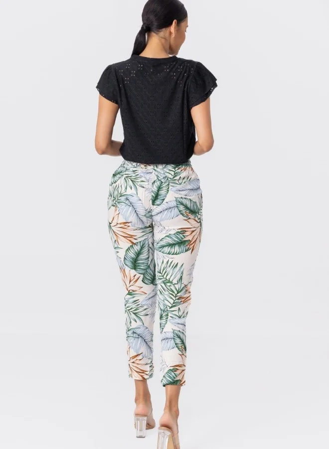 HaILYS Tropical Print High-Waisted Elastic Waist Pants - White
