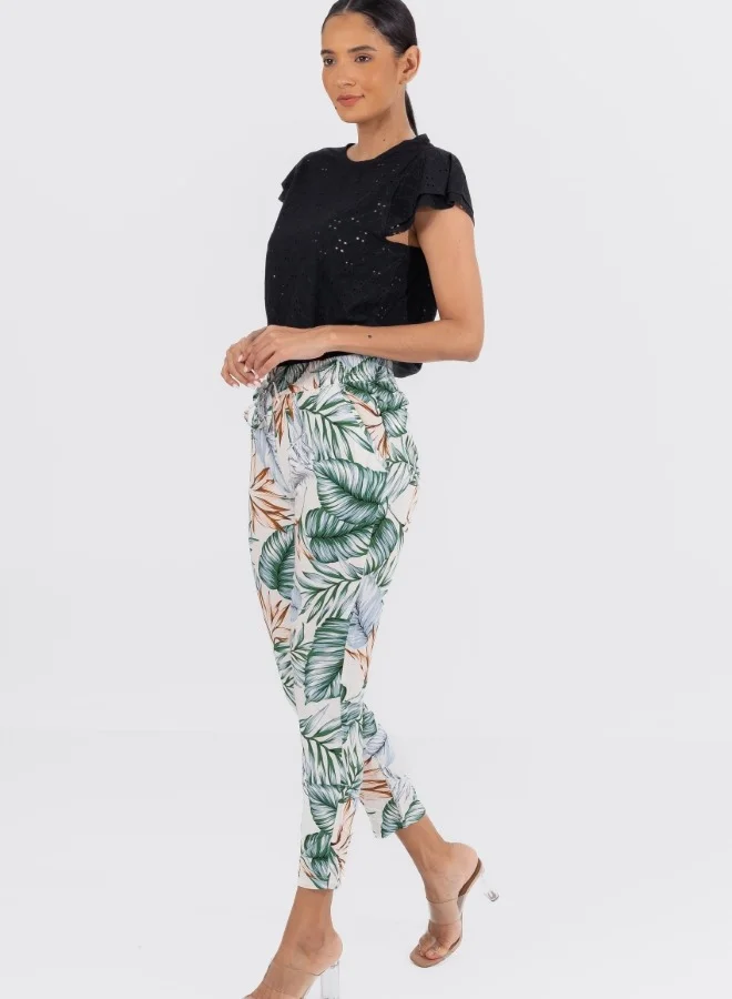 HaILYS Tropical Print High-Waisted Elastic Waist Pants - White