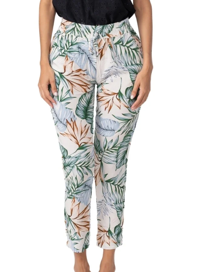 HaILYS Tropical Print High-Waisted Elastic Waist Pants - White