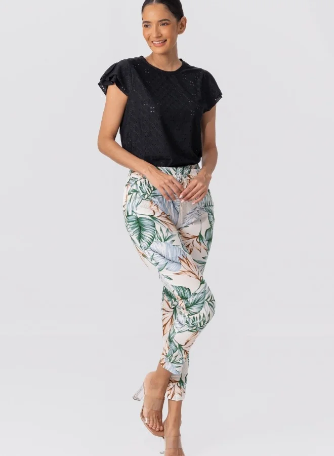 HaILYS Tropical Print High-Waisted Elastic Waist Pants - White