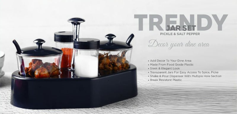 LIPSA ENTERPRISE Pickle/Achar Jar Set 2 with Spoon, Salt & Pepper Set 2 for Dining Table Stand (4 in 1)., Plastic - Image 2