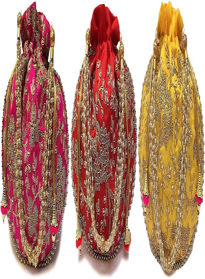 BINORI FASHIONS Rajasthani Style Royal Clutch Silk Batwa Bag Combo Wristlets Ethnic Potli Combo For Women's Zari Work Potli Combo Bridal Potli Combo (Pack of 3 Colors) - Image 1