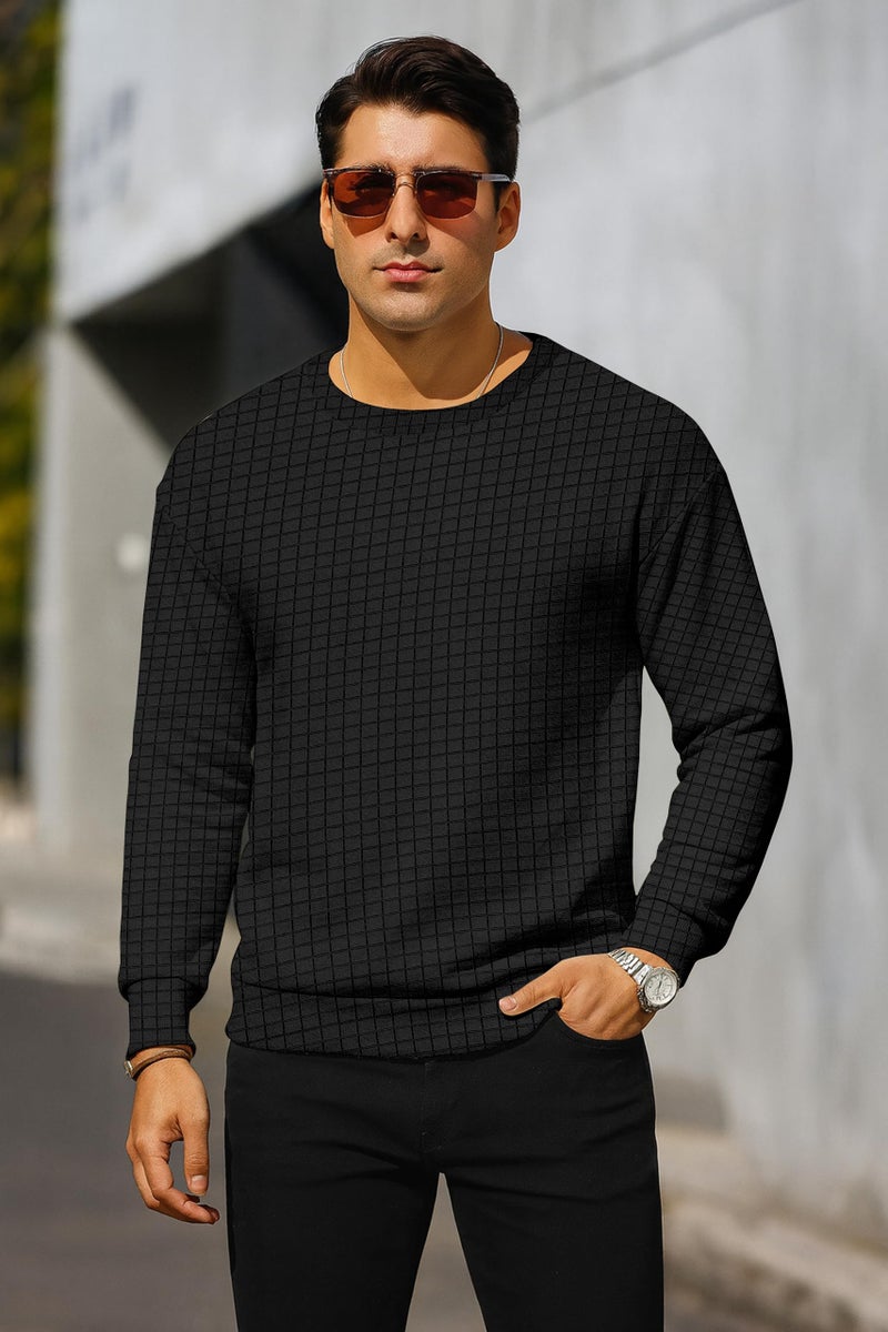 KAJARU Quilted Pattern Long Sleeve Sweatshirt, Round Neck, Men's Casual Pullover, Grey, Black, Beige (in, Alpha, 2XL, Black) - Image 5