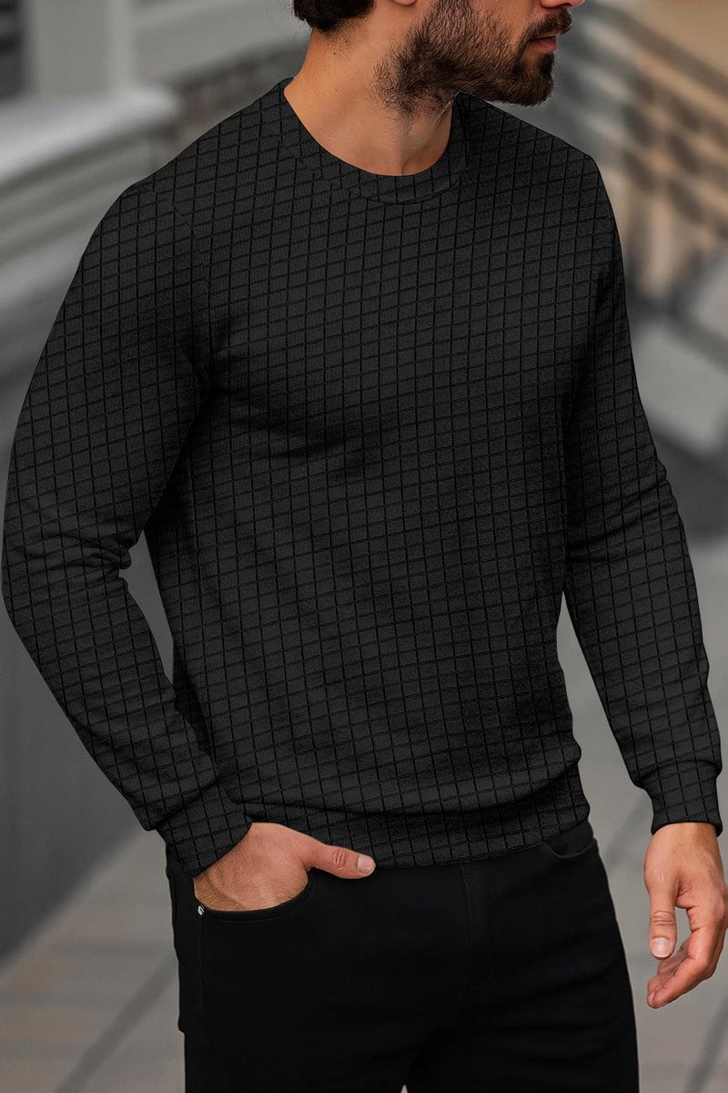 KAJARU Quilted Pattern Long Sleeve Sweatshirt, Round Neck, Men's Casual Pullover, Grey, Black, Beige (in, Alpha, 2XL, Black) - Image 3