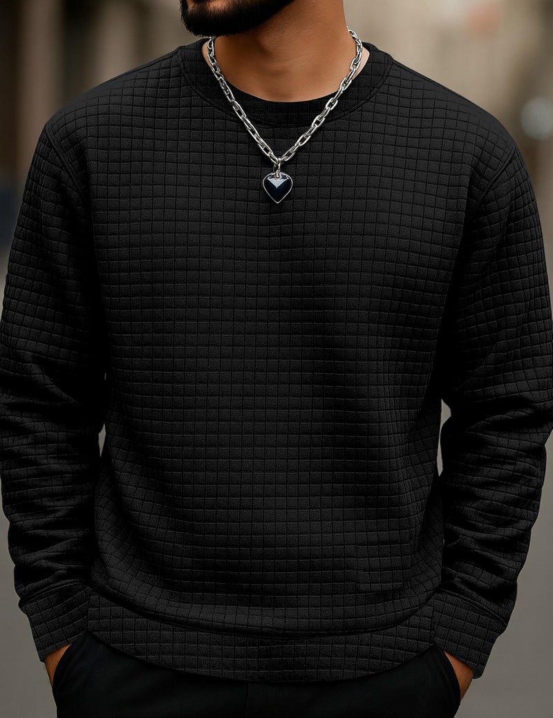 KAJARU Quilted Pattern Long Sleeve Sweatshirt, Round Neck, Men's Casual Pullover, Grey, Black, Beige (in, Alpha, 2XL, Black) - Image 2