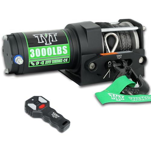 TYT 3000 lb ATV Winch, 12V DC Electric Winch with Wireless Remote and Wired Switch, 1/5"x 32FT Synthetic Winch Rope with Fairlead and Winch Mounting Plate - Image 1