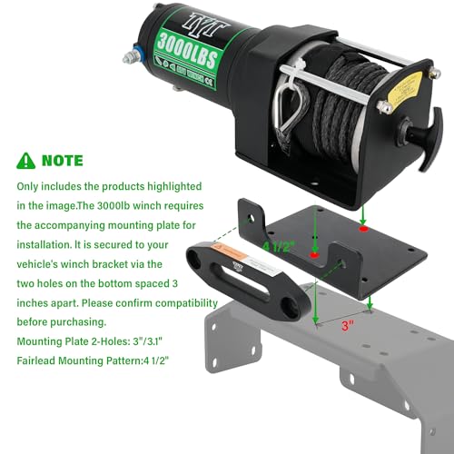 TYT 3000 lb ATV Winch, 12V DC Electric Winch with Wireless Remote and Wired Switch, 1/5"x 32FT Synthetic Winch Rope with Fairlead and Winch Mounting Plate - Image 2