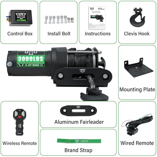 TYT 3000 lb ATV Winch, 12V DC Electric Winch with Wireless Remote and Wired Switch, 1/5"x 32FT Synthetic Winch Rope with Fairlead and Winch Mounting Plate - Image 3