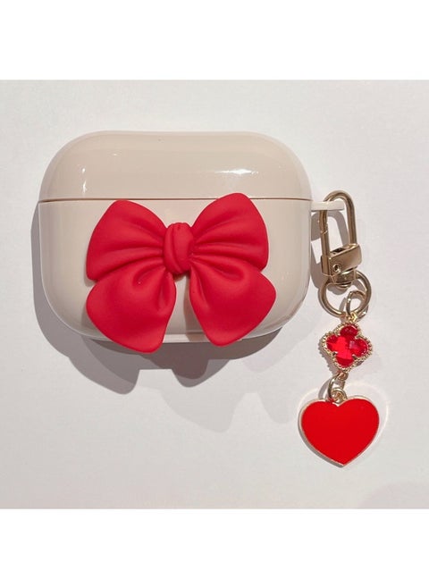 For AirPods 4 Headphone Set Cartoon Diy Doll Pendant Apple 1/2 Generation/pro2 Bluetooth Soft Case Bracelet-Color:Beige Soft Shell + Pendant-red Bow-Model:Airpods Pro (protective Case)