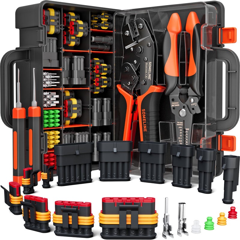 SOMELINE Crimping Tool Kit Waterproof Automotive Electrical Connectors 123456 Pin 2214 AWG Ratchet Crimper Terminal Removal Tools for CarMotorcycleBoat - Image 2