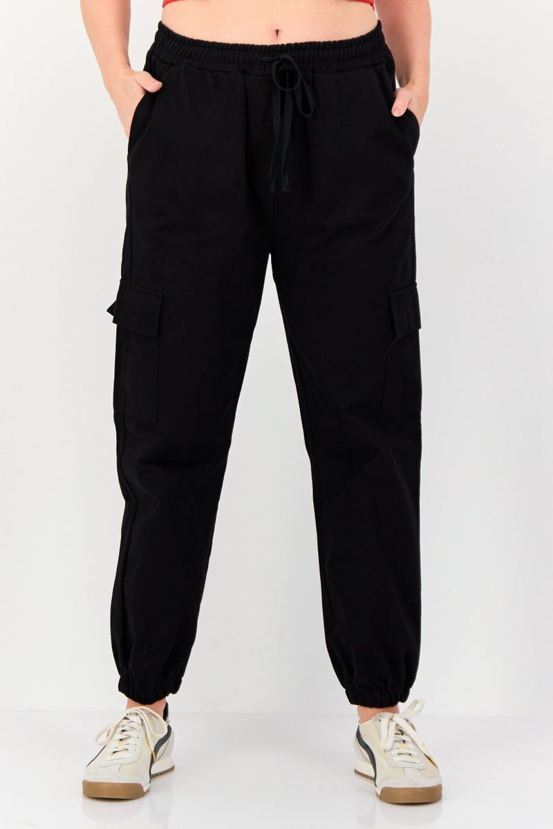 KOTON Ole x Koton Women Regular Fit High Rise Solid Cargo Pants, Black - Image 1