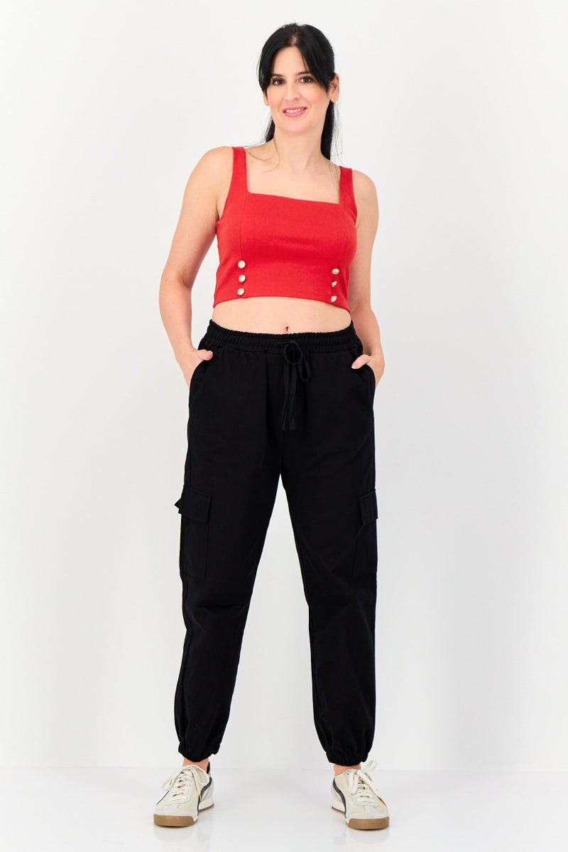 KOTON Ole x Koton Women Regular Fit High Rise Solid Cargo Pants, Black - Image 3