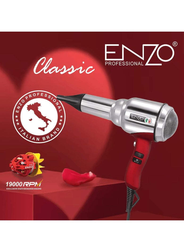 ENZO Professional - ENZO EN-8228 2000W SILVER Professional Hair Dryer – Ionic Technology, 3 Heat Settings, 2 Speed Settings, and Concentrator Nozzle-Intl Version - Image 1