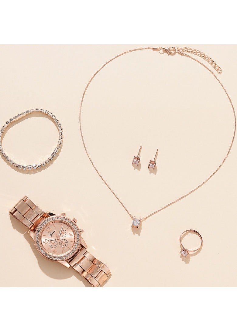 [2025 New Design]Ladies Watch Fashionable Women Quartz Diamond Wristwatch Classic Simple Watches Business Decoration Bangle Bracelet Necklace Ring Earring Girl Gift Set  - Image 1