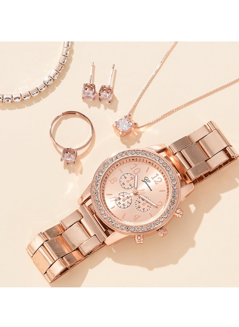 [2025 New Design]Ladies Watch Fashionable Women Quartz Diamond Wristwatch Classic Simple Watches Business Decoration Bangle Bracelet Necklace Ring Earring Girl Gift Set  - Image 2