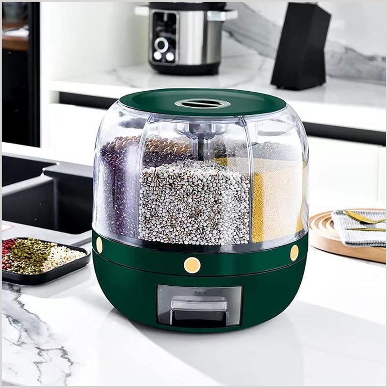 MUGATH 6 Grid Rotating Food Dispenser Rotating Rice Bucket Rice Storage Tank Cereal Dispenser Rice Dispenser Stackable Food Storage Containers OneClick Rice Picking Green 5 Kg - Image 3