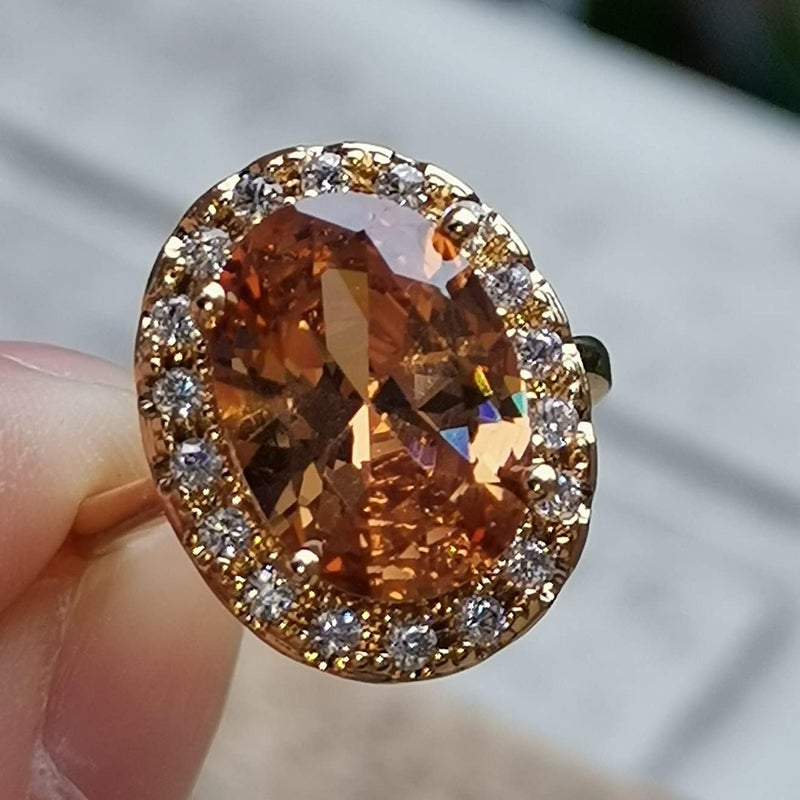 guidecun Golden Tone Oval Shaped Champagne CZ & Round Clear Cubic Zirconia Halo Cocktails Engagement Ring for Woman (US Size 10) - Image 4