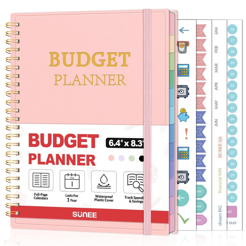 SUNEE Budget Planner - Monthly Budget Book with Expense Tracker Notebook, Undated 12 Month Bill Organizer & Finance Planner to Manage Your Money, A5(6.4" x 8.3") Account Book with Colorful Tab, Pink - Image 1
