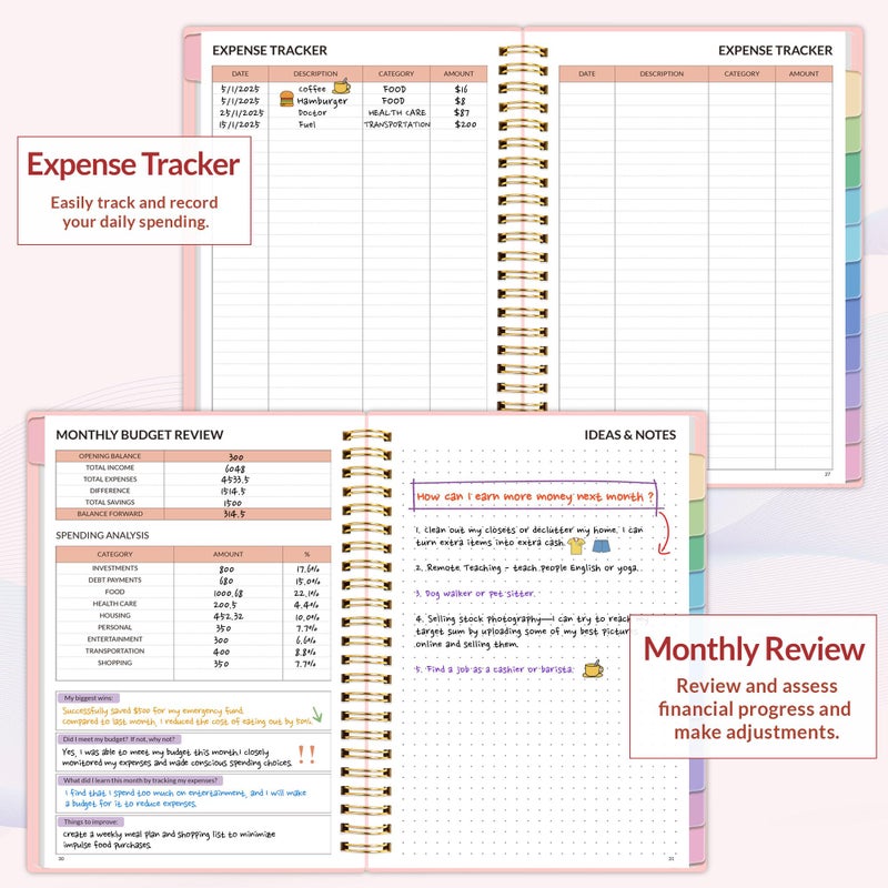 SUNEE Budget Planner - Monthly Budget Book with Expense Tracker Notebook, Undated 12 Month Bill Organizer & Finance Planner to Manage Your Money, A5(6.4" x 8.3") Account Book with Colorful Tab, Pink - Image 4