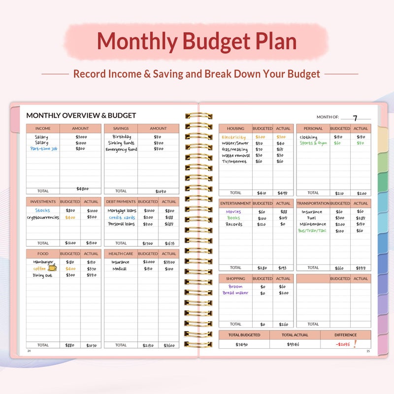 SUNEE Budget Planner - Monthly Budget Book with Expense Tracker Notebook, Undated 12 Month Bill Organizer & Finance Planner to Manage Your Money, A5(6.4" x 8.3") Account Book with Colorful Tab, Pink - Image 3