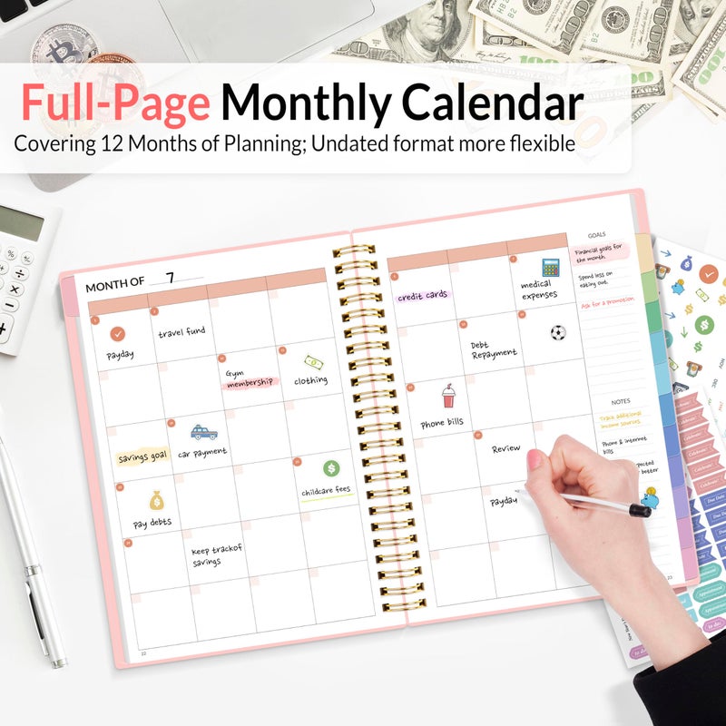 SUNEE Budget Planner - Monthly Budget Book with Expense Tracker Notebook, Undated 12 Month Bill Organizer & Finance Planner to Manage Your Money, A5(6.4" x 8.3") Account Book with Colorful Tab, Pink - Image 2