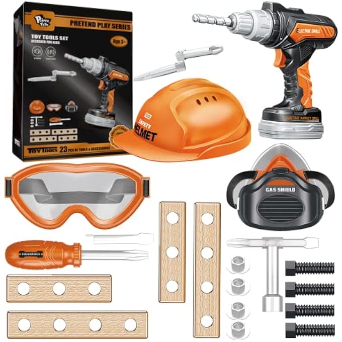 مجموعة أدوات للأطفال 3-5، مثقاب كهربائي لعبة وخوذة، نظارات واقية، قناع، مجموعة أدوات البناء للعب، هدايا عيد ميلاد للأولاد والبنات بعمر 3 4 5+ - Image 1