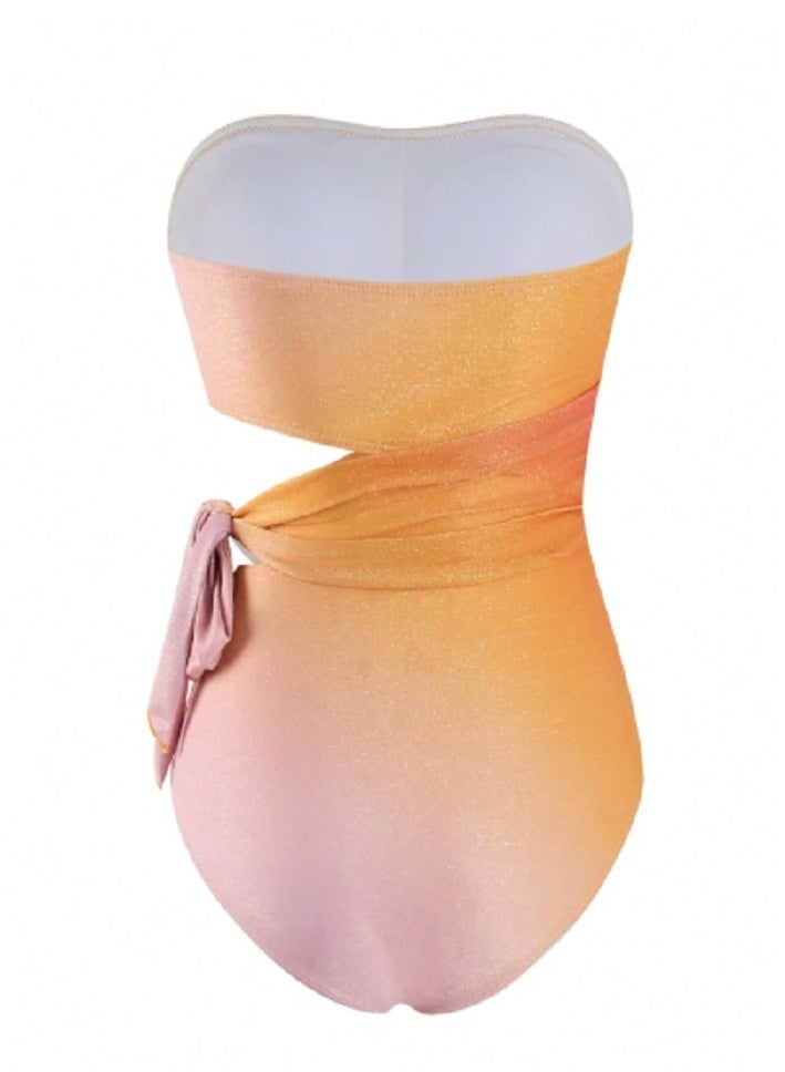 SHEIN Swim Women's Summer Gradient Shiny Waist Side Hollow Strap Bow Tube Top Swimsuit High-End Suit Fashionable And Elegant - Image 4