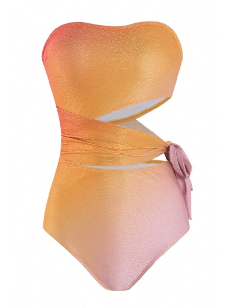 SHEIN Swim Women's Summer Gradient Shiny Waist Side Hollow Strap Bow Tube Top Swimsuit High-End Suit Fashionable And Elegant - Image 3
