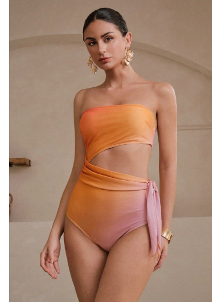 SHEIN Swim Women's Summer Gradient Shiny Waist Side Hollow Strap Bow Tube Top Swimsuit High-End Suit Fashionable And Elegant - Image 1