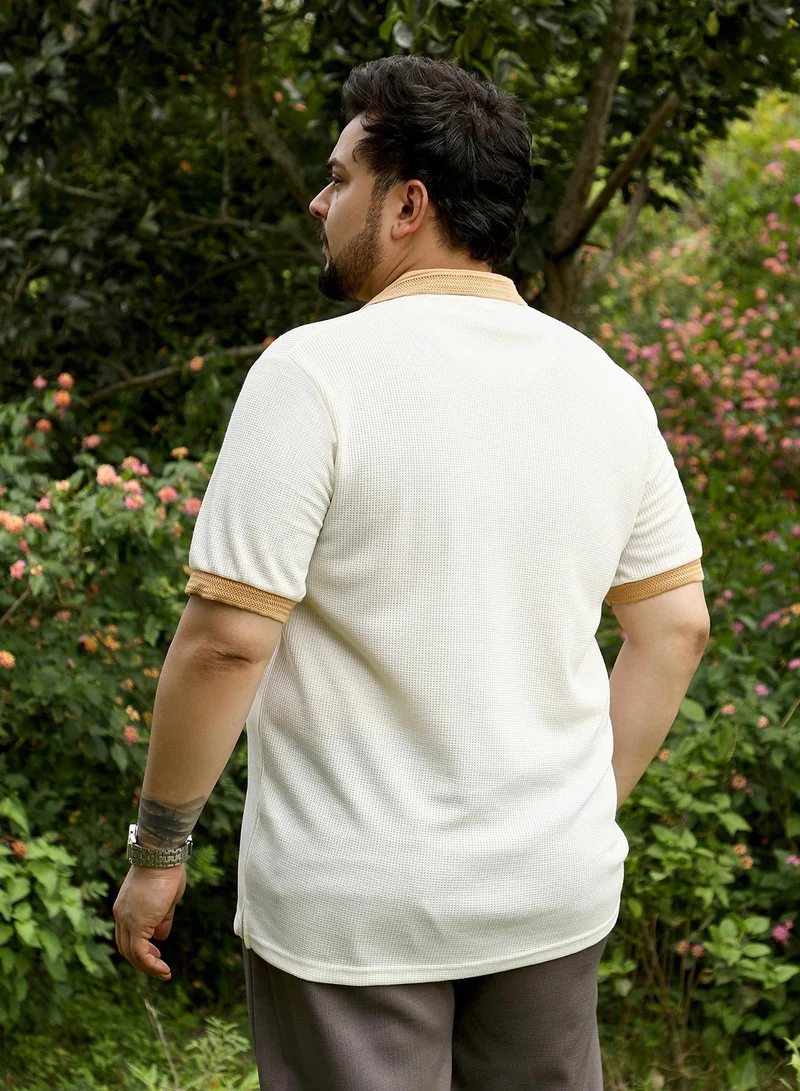 Instafab Plus Instafab Plus Men Block Textured-Knit Polo T-Shirt | Jacquard Polo Neck , Short Cuff Sleeves | Half-Button , Straight Hem | Colourblock Jacquard | Knit Fabric For Casual & Daily Wear | Peach & White