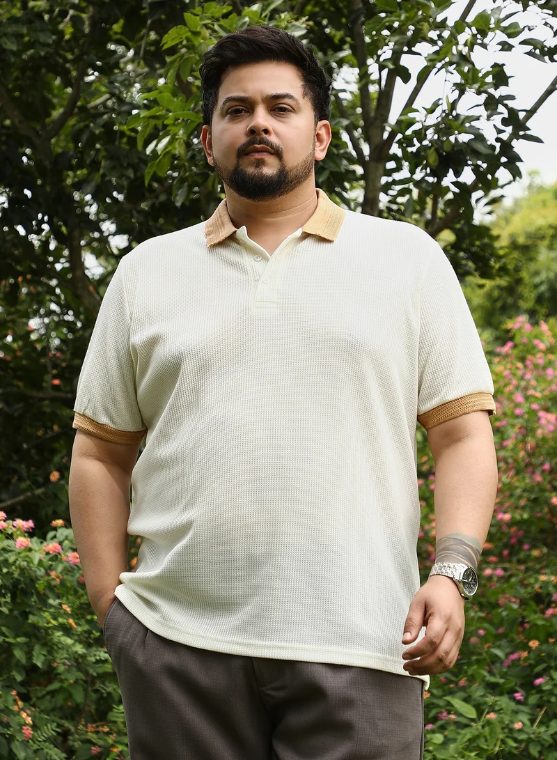 Instafab Plus Instafab Plus Men Block Textured-Knit Polo T-Shirt | Jacquard Polo Neck , Short Cuff Sleeves | Half-Button , Straight Hem | Colourblock Jacquard | Knit Fabric For Casual & Daily Wear | Peach & White