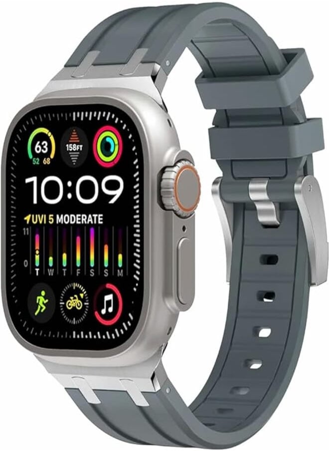 Dado - Dado Liquid Silicone Rubber Bands Compatible with Apple Watch Series Ultra 2 | 9 | 8 Ultra | 8 | 7 | 6 | 5 49/45/44/42 mm, Luxury Design Rubber Strap with Stainless Steel Adapter (Grey - Silver) - Image 1