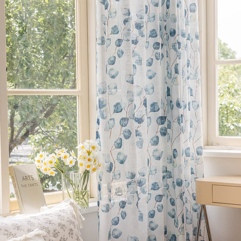 SUOUO Blue Leaf Semi Sheer White Curtains for Bedroom Dining Living Room Linen Textured 84 inches Long 2 Panels Rod Pocket Light Filtering Vine Boho Window Drapes