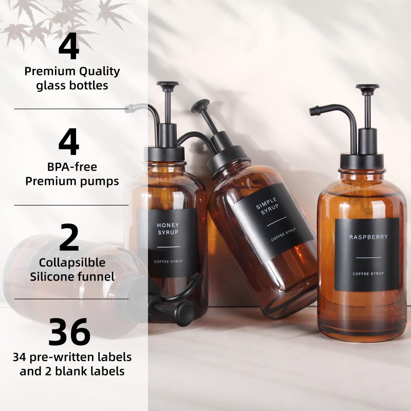 GYOSUGANG Coffee Syrup Dispenser, Set of 4 Amber Glass Syrup Bottle w. Pump and Labels, 16.9 oz 500ml Glass Syrup Bottle with Pump, Farmhouse Syrup Dispenser for Coffee Bar, Ideal Gift - Image 3