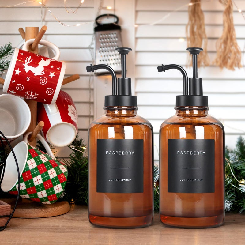 GYOSUGANG Coffee Syrup Dispenser, Set of 4 Amber Glass Syrup Bottle w. Pump and Labels, 16.9 oz 500ml Glass Syrup Bottle with Pump, Farmhouse Syrup Dispenser for Coffee Bar, Ideal Gift - Image 2
