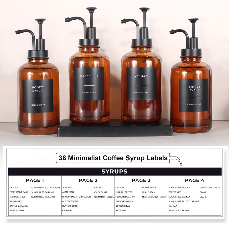 GYOSUGANG Coffee Syrup Dispenser, Set of 4 Amber Glass Syrup Bottle w. Pump and Labels, 16.9 oz 500ml Glass Syrup Bottle with Pump, Farmhouse Syrup Dispenser for Coffee Bar, Ideal Gift - Image 5