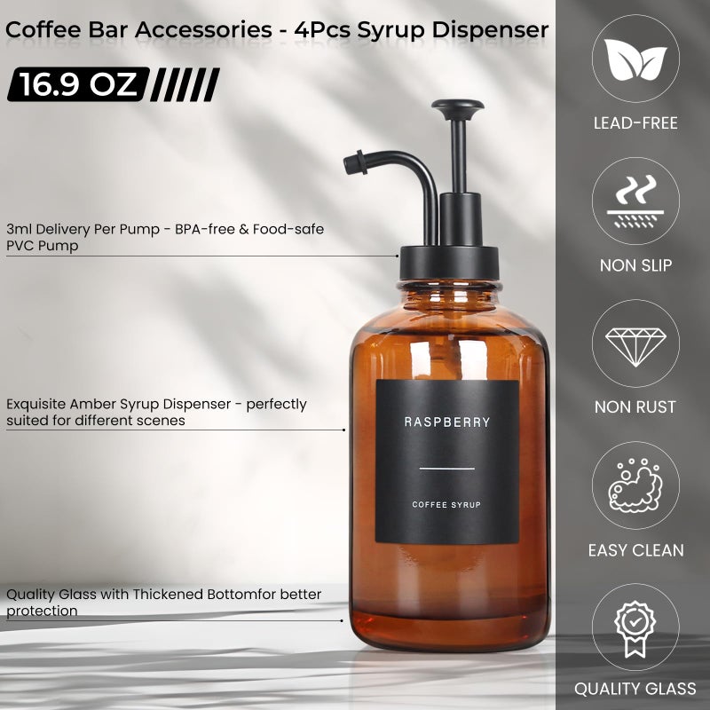 GYOSUGANG Coffee Syrup Dispenser, Set of 4 Amber Glass Syrup Bottle w. Pump and Labels, 16.9 oz 500ml Glass Syrup Bottle with Pump, Farmhouse Syrup Dispenser for Coffee Bar, Ideal Gift - Image 4