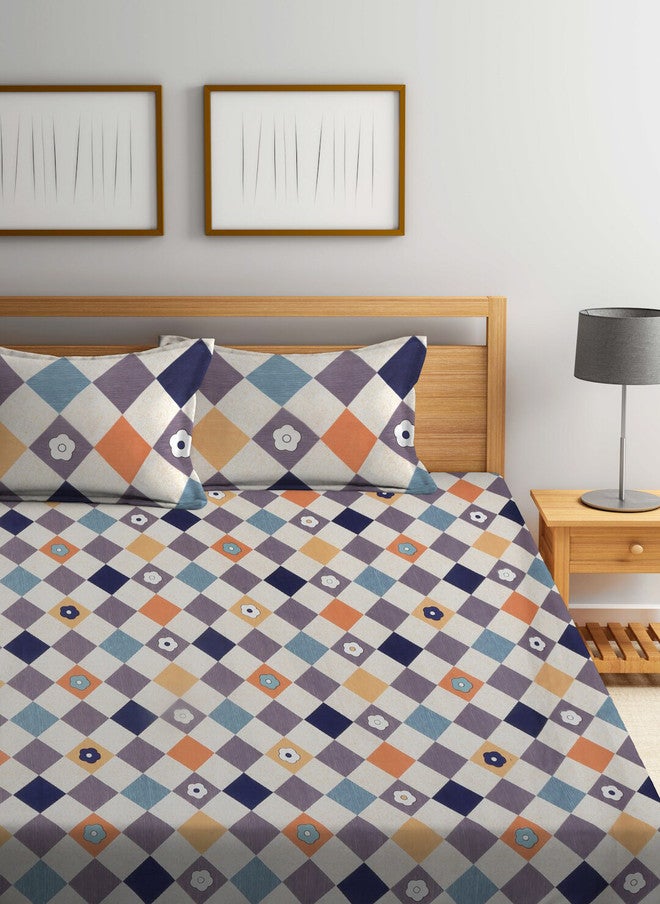 Arrabi White Geometric Cotton 300 TC Super King Fine Bedsheet with 2 Pillow Covers - Image 2