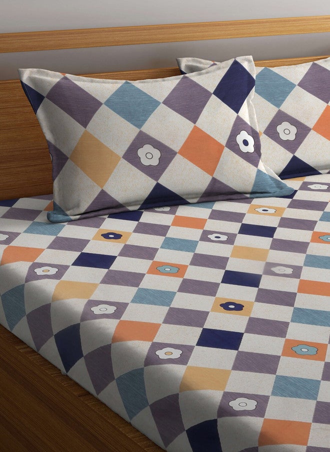 Arrabi White Geometric Cotton 300 TC Super King Fine Bedsheet with 2 Pillow Covers - Image 3
