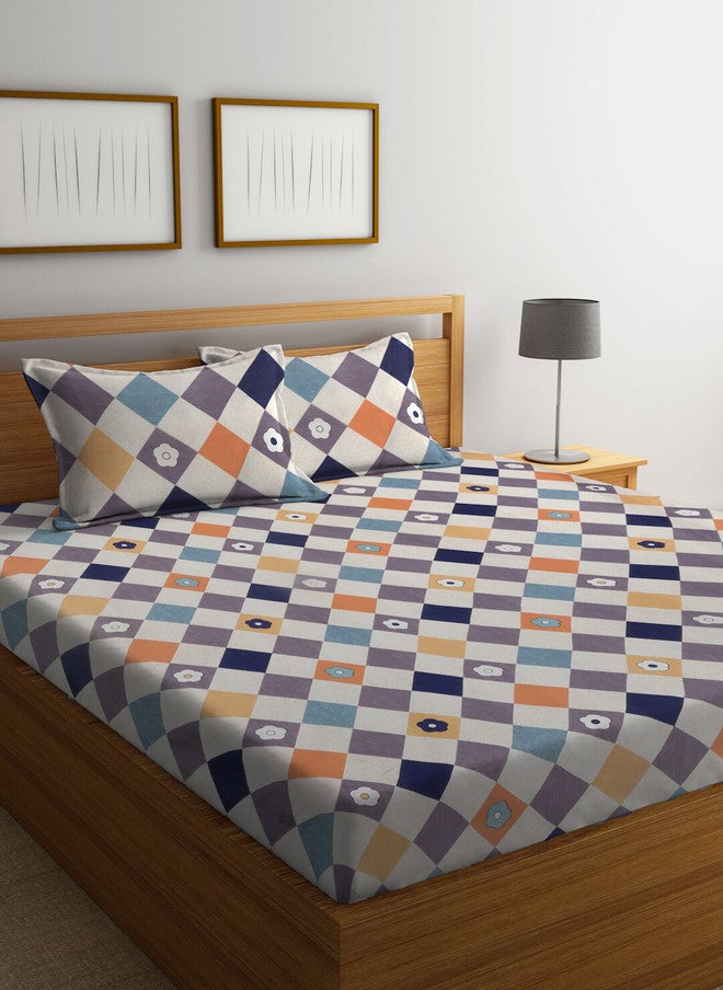 Arrabi White Geometric Cotton 300 TC Super King Fine Bedsheet with 2 Pillow Covers - Image 1